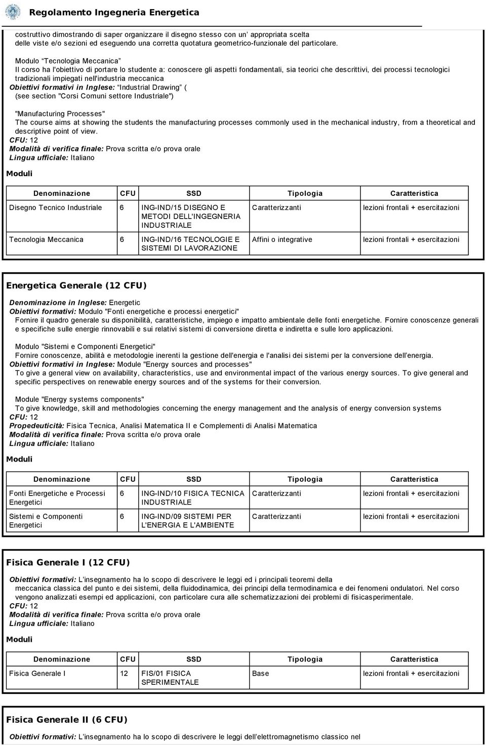 nell'industria meccanica Obiettivi formativi in Inglese: Industrial Drawing ( (see section "Corsi Comuni settore Industriale") "Manufacturing Processes" The course aims at showing the students the