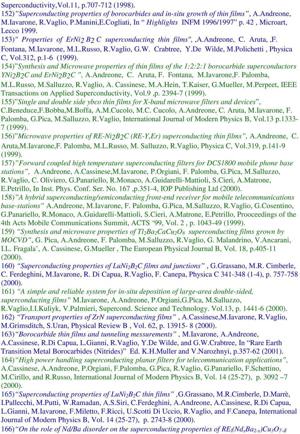 Crabtree, Y.De Wilde, M.Polichetti, Physica C, Vol.312, p.1-6 (1999). 154) Synthesis and Microwave properties of thin films of the 1:2:2:1 borocarbide superconductors YNi2B2C and ErNi2B2C, A.