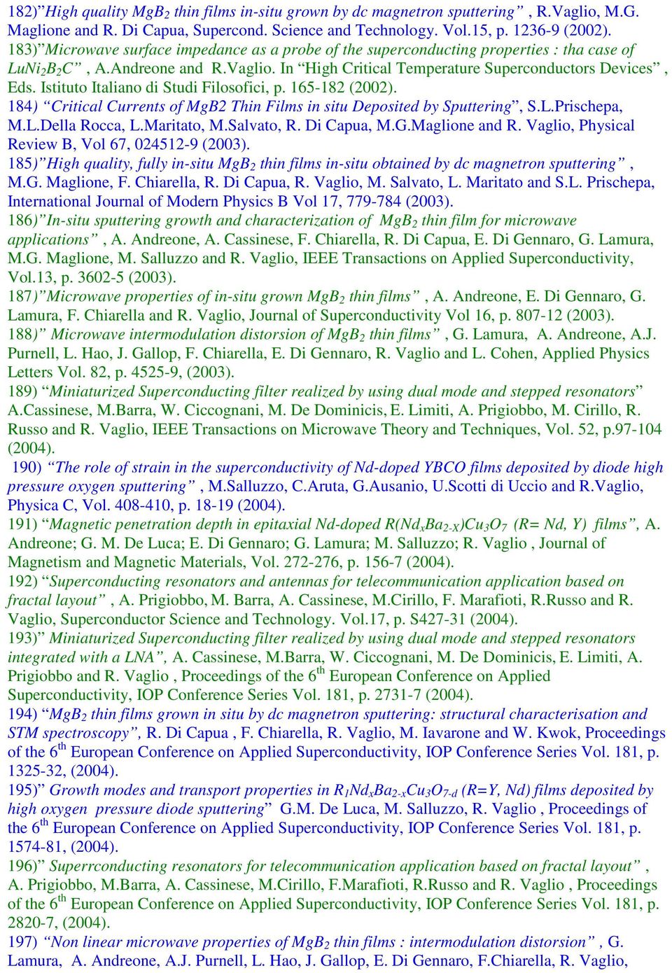 Istituto Italiano di Studi Filosofici, p. 165-182 (2002). 184) Critical Currents of MgB2 Thin Films in situ Deposited by Sputtering, S.L.Prischepa, M.L.Della Rocca, L.Maritato, M.Salvato, R.