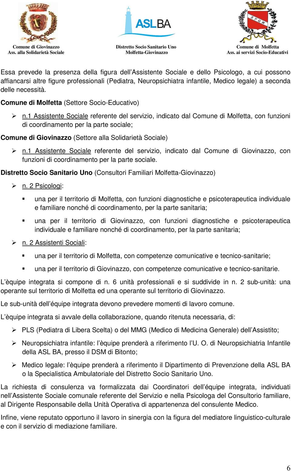 1 Assistente Sociale referente del servizio, indicato dal Comune di Molfetta, con funzioni di coordinamento per la parte sociale; Comune di Giovinazzo (Settore alla Solidarietà Sociale) n.