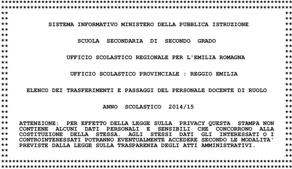 PROVINCIALE : REGGIO EMILIA ** ** ** ** ** ** ELENCO DEI TRASFERIMENTI E PASSAGGI DEL PERSONALE DOCENTE DI RUOLO ** ** ** ** ** ** ANNO SCOLASTICO 2014/15 ** ** ** ** ** ** ATTENZIONE: PER EFFETTO