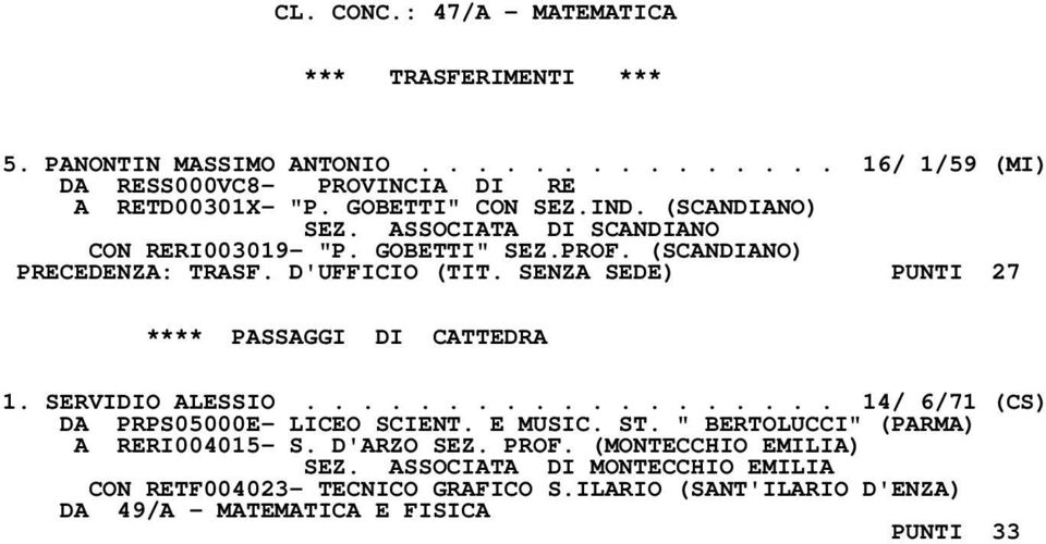 SENZA SEDE) PUNTI 27 **** PASSAGGI DI CATTEDRA 1. SERVIDIO ALESSIO................... 14/ 6/71 (CS) DA PRPS05000E- LICEO SCIENT. E MUSIC. ST.