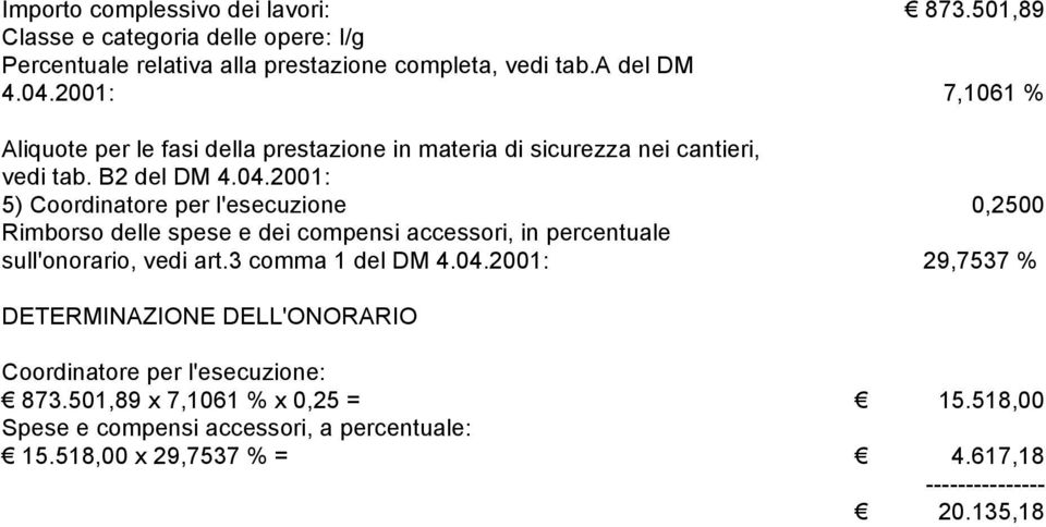 B2 del DM 4.04.2001: 5) Coordinatore per l'esecuzione 0,2500 sull'onorario, vedi art.3 comma 1 del DM 4.