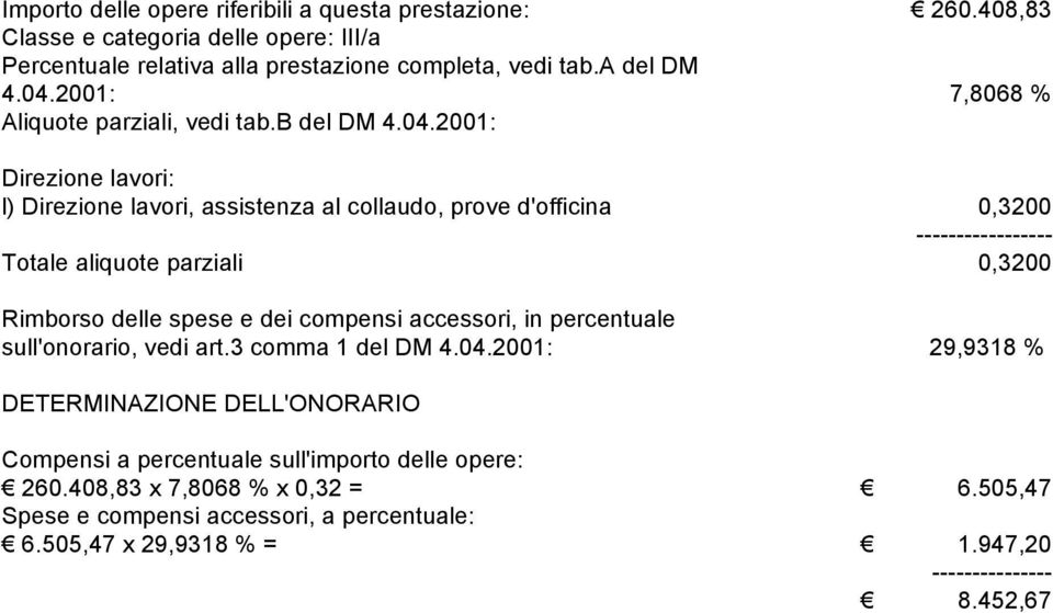 2001: Direzione lavori: l) Direzione lavori, assistenza al collaudo, prove d'officina 0,3200 -- Totale aliquote parziali