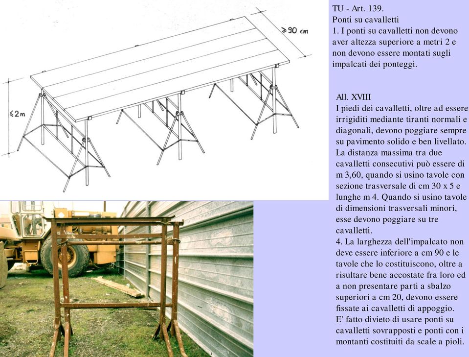 La distanza massima tra due cavalletti consecutivi può essere di m 3,60, quando si usino tavole con sezione trasversale di cm 30 x 5 e lunghe m 4.