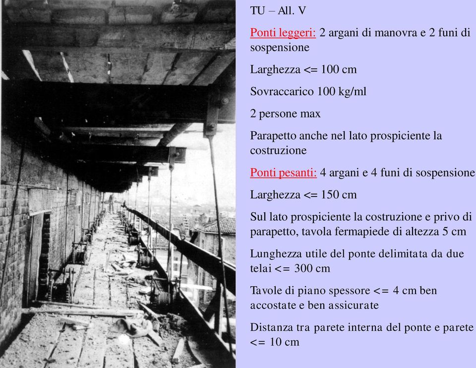 anche nel lato prospiciente la costruzione Ponti pesanti: 4 argani e 4 funi di sospensione Larghezza <= 150 cm Sul lato