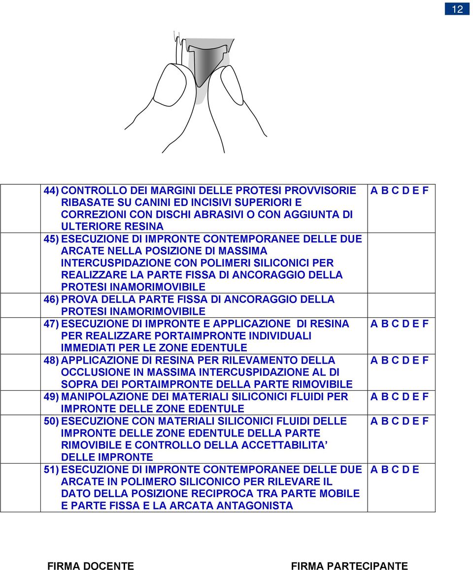 FISSA DI ANCORAGGIO DELLA PROTESI INAMORIMOVIBILE 47) ESECUZIONE DI IMPRONTE E APPLICAZIONE DI RESINA PER REALIZZARE PORTAIMPRONTE INDIVIDUALI IMMEDIATI PER LE ZONE EDENTULE 48) APPLICAZIONE DI