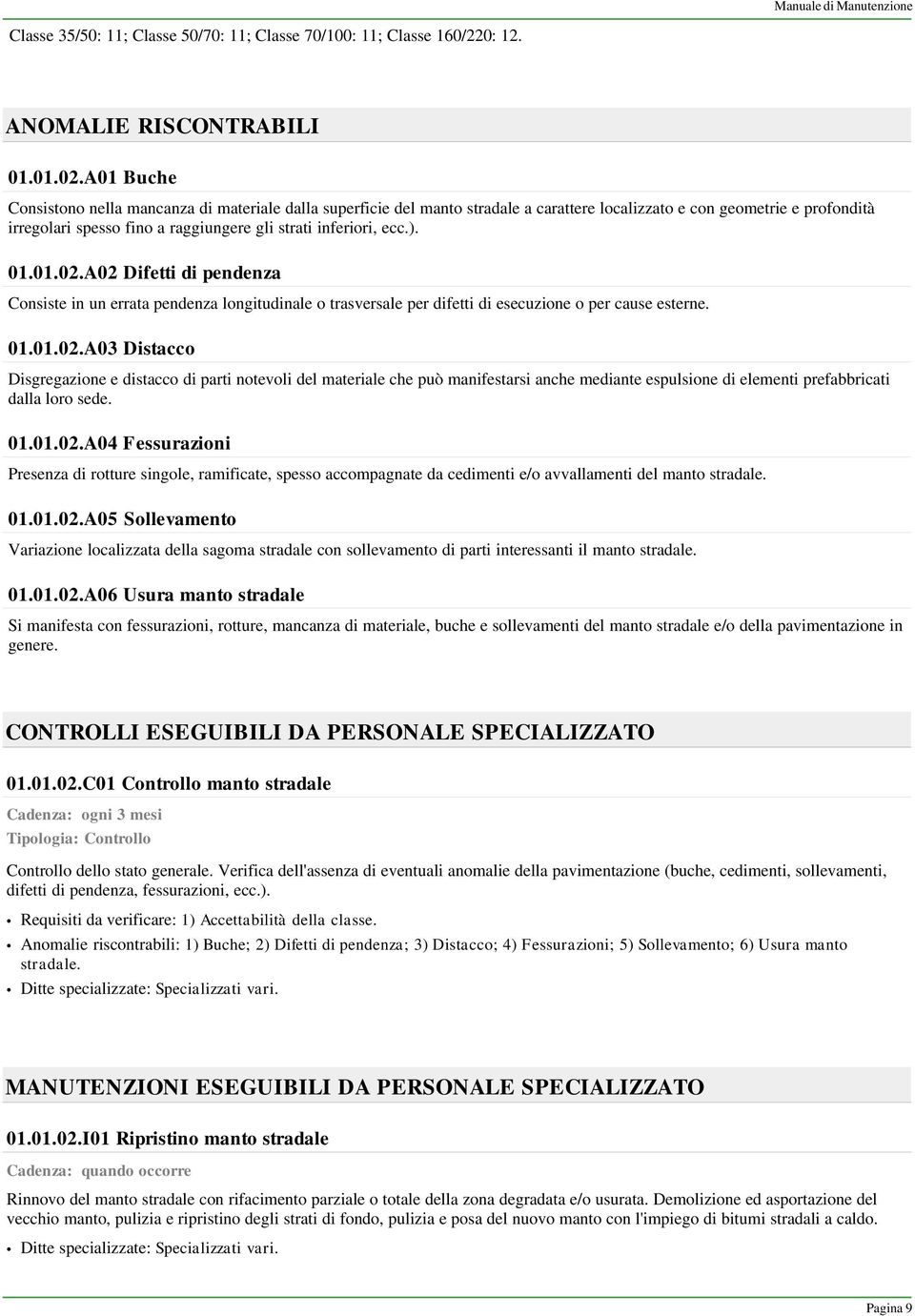 ecc.). 01.01.02.A02 Difetti di pendenza Consiste in un errata pendenza longitudinale o trasversale per difetti di esecuzione o per cause esterne. 01.01.02.A03 Distacco Disgregazione e distacco di parti notevoli del materiale che può manifestarsi anche mediante espulsione di elementi prefabbricati dalla loro sede.