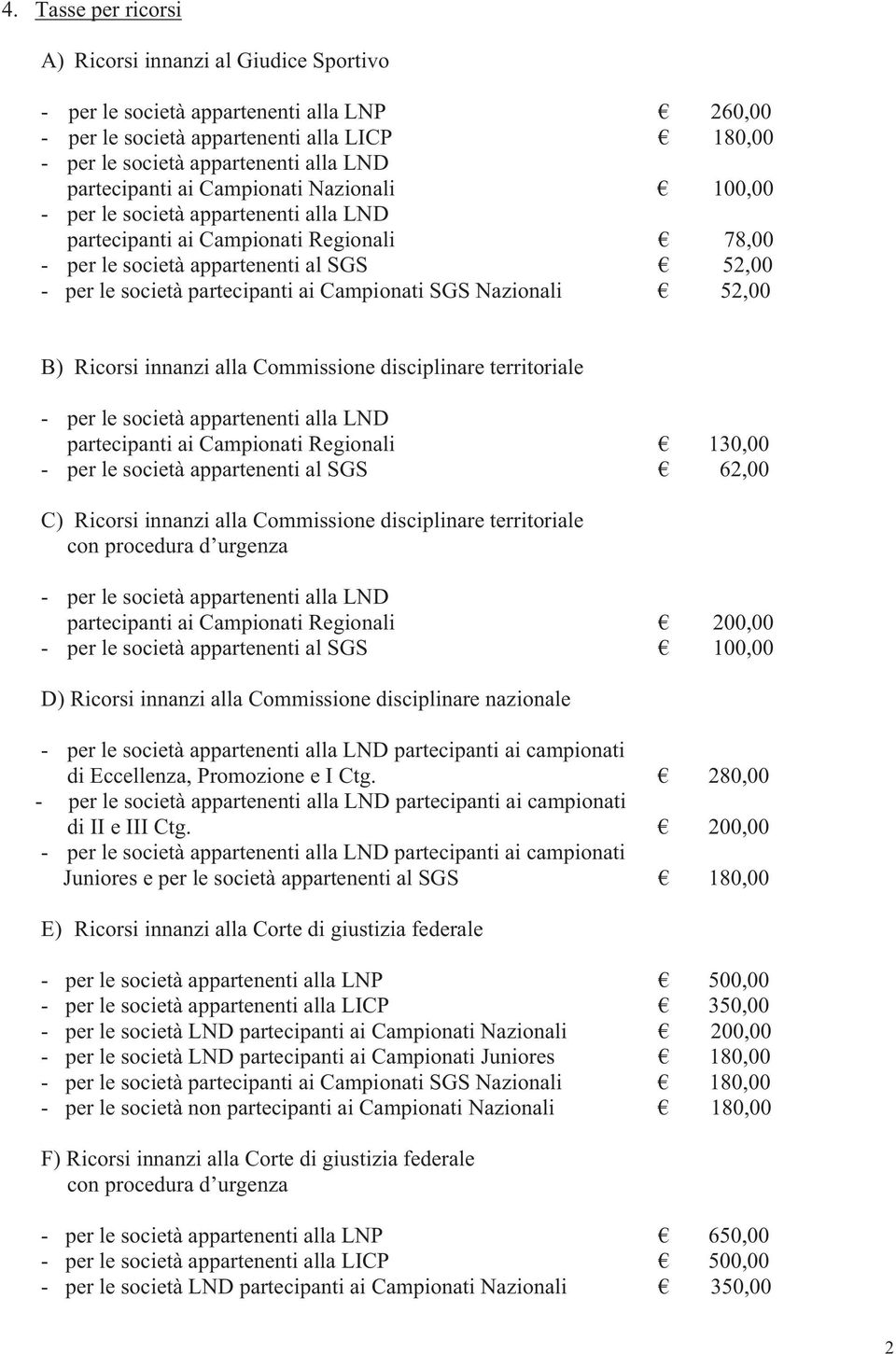 territoriale partecipanti ai Campionati Regionali 130,00 - per le società appartenenti al SGS 62,00 C) Ricorsi innanzi alla Commissione disciplinare territoriale con procedura d urgenza partecipanti