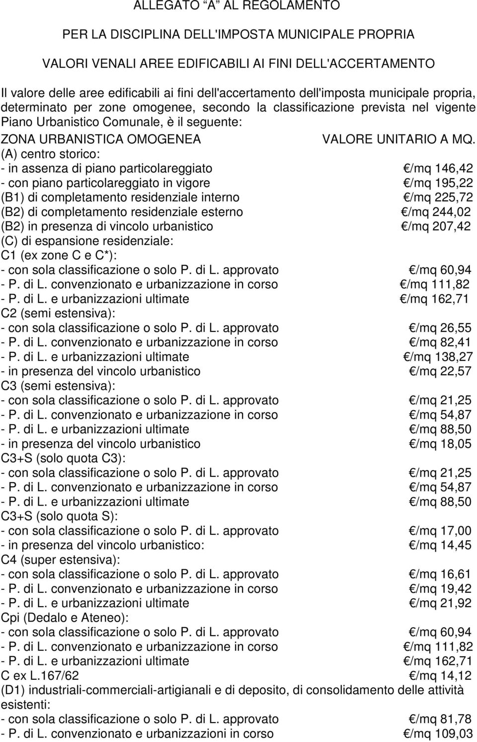 MQ. (A) centro storico: - in assenza di piano particolareggiato /mq 146,42 - con piano particolareggiato in vigore /mq 195,22 (B1) di completamento residenziale interno /mq 225,72 (B2) di