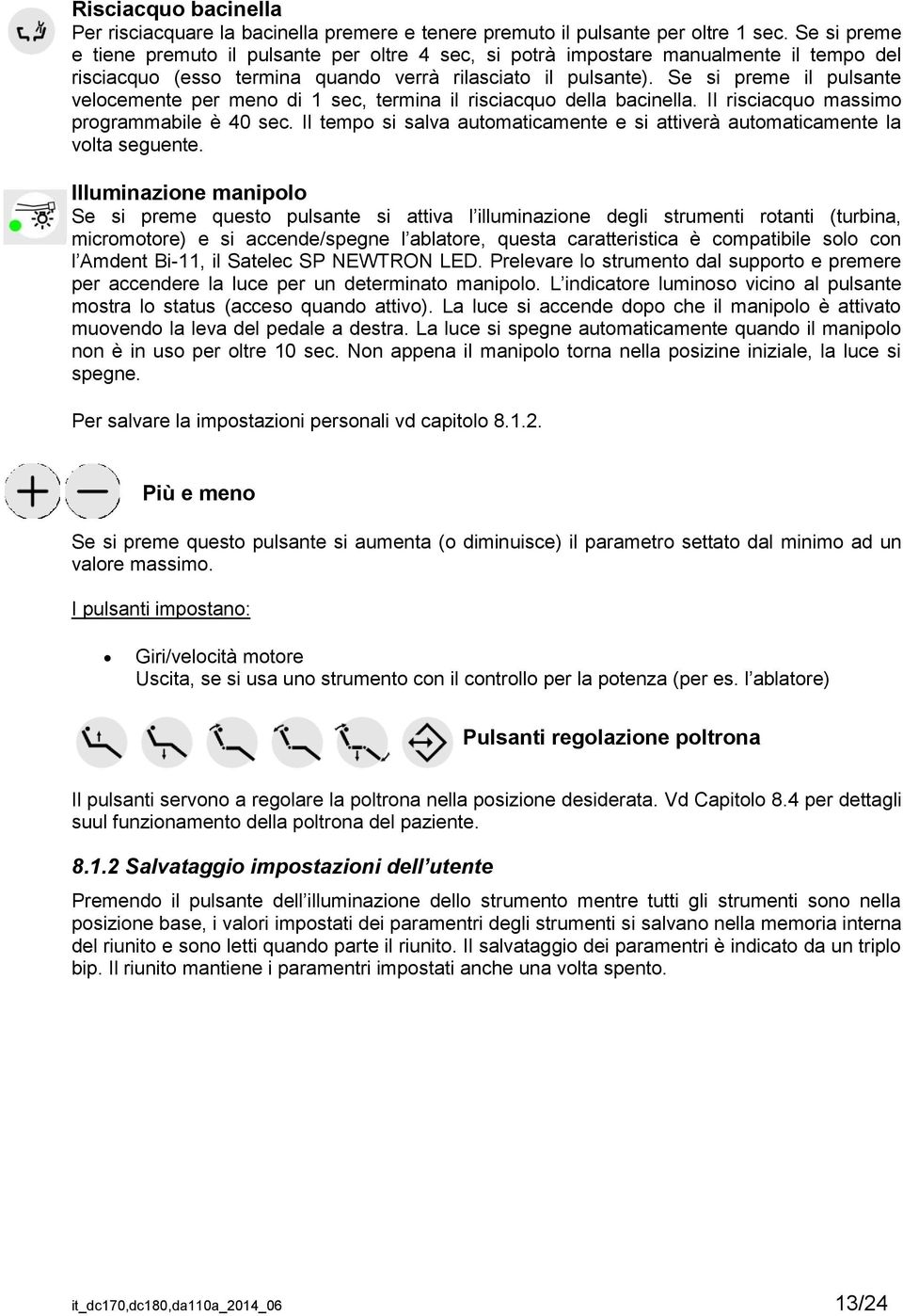 Se si preme il pulsante velocemente per meno di 1 sec, termina il risciacquo della bacinella. Il risciacquo massimo programmabile è 40 sec.