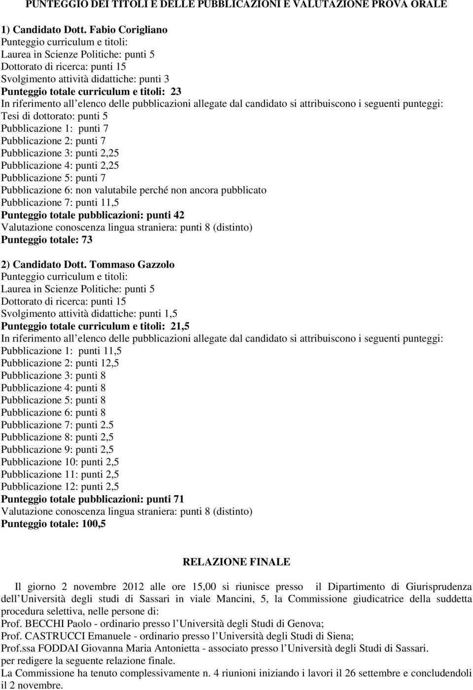 In riferimento all elenco delle pubblicazioni allegate dal candidato si attribuiscono i seguenti punteggi: Tesi di dottorato: punti 5 Pubblicazione 1: punti 7 Pubblicazione 2: punti 7 Pubblicazione