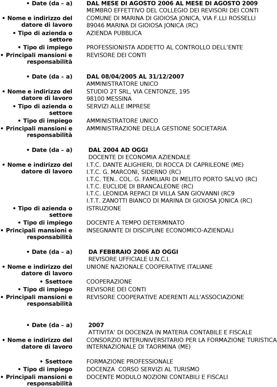 indirizzo del STUDIO 2T SRL, VIA CENTONZE, 195 98100 MESSINA SERVIZI ALLE IMPRESE AMMINISTRATORE UNICO AMMINISTRAZIONE DELLA GESTIONE SOCIETARIA Date (da a) DAL 2004 AD OGGI DOCENTE DI ECONOMIA