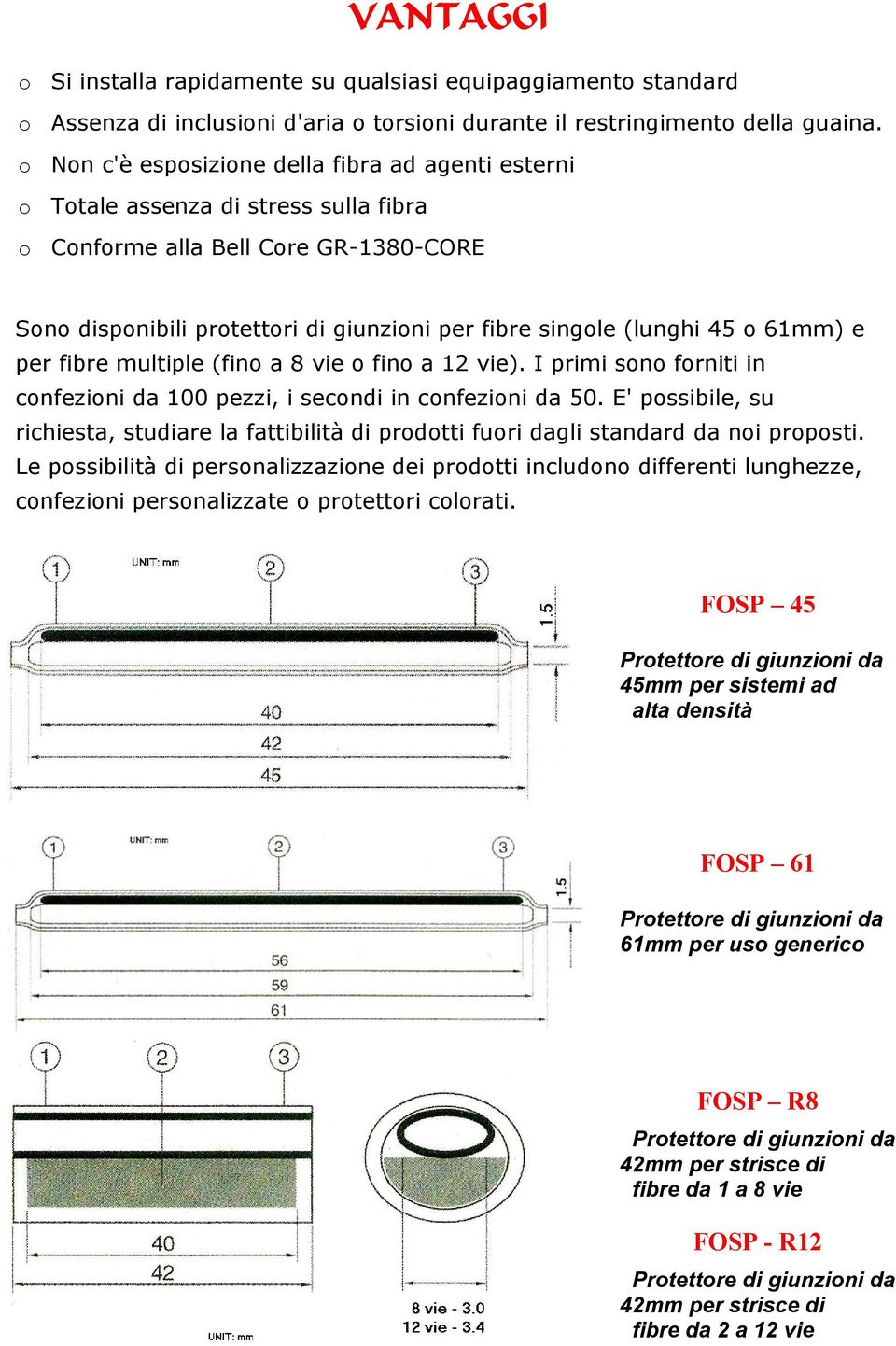 o 61mm) e per fibre multiple (fino a 8 vie o fino a 12 vie). I primi sono forniti in confezioni da 100 pezzi, i secondi in confezioni da 50.