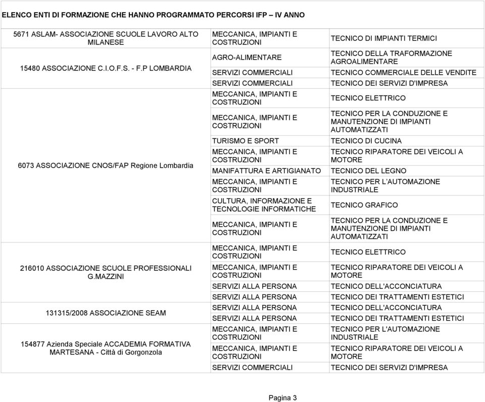 MAZZINI 131315/2008 ASSOCIAZIONE SEAM 154877 Azienda Speciale ACCADEMIA FORMATIVA MARTESANA - Città di Gorgonzola AGRO-ALIMENTARE