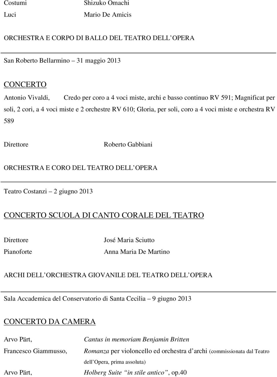 CORALE DEL TEATRO Pianoforte José Maria Sciutto Anna Maria De Martino ARCHI DELL ORCHESTRA GIOVANILE DEL TEATRO DELL OPERA Sala Accademica del Conservatorio di Santa Cecilia 9 giugno 2013 CONCERTO DA