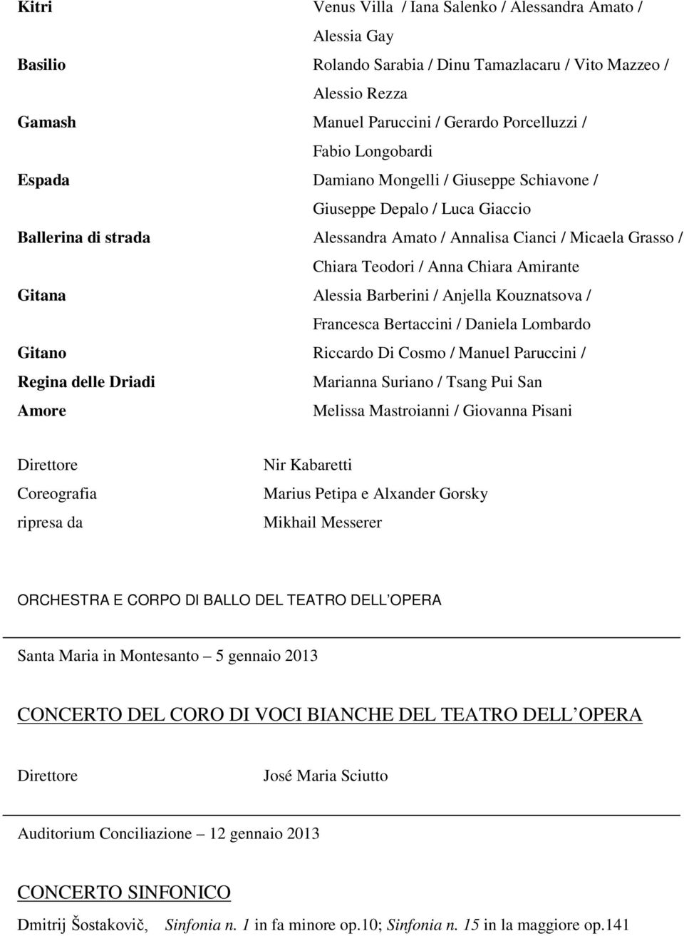 Amirante Gitana Alessia Barberini / Anjella Kouznatsova / Francesca Bertaccini / Daniela Lombardo Gitano Riccardo Di Cosmo / Manuel Paruccini / Regina delle Driadi Marianna Suriano / Tsang Pui San