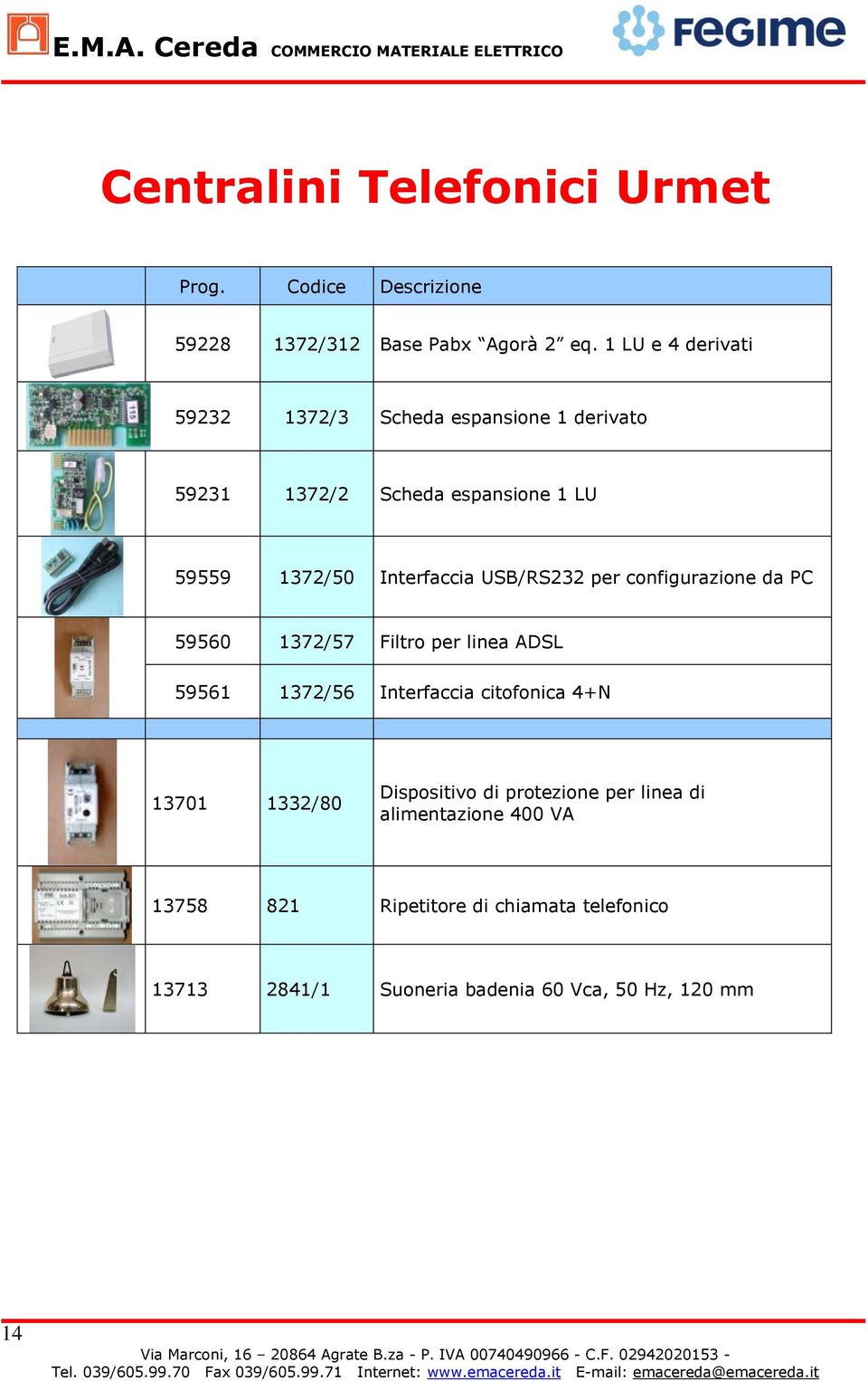 USB/RS232 per configurazione da PC 59560 1372/57 Filtro per linea ADSL 59561 1372/56 Interfaccia citofonica 4+N 13701