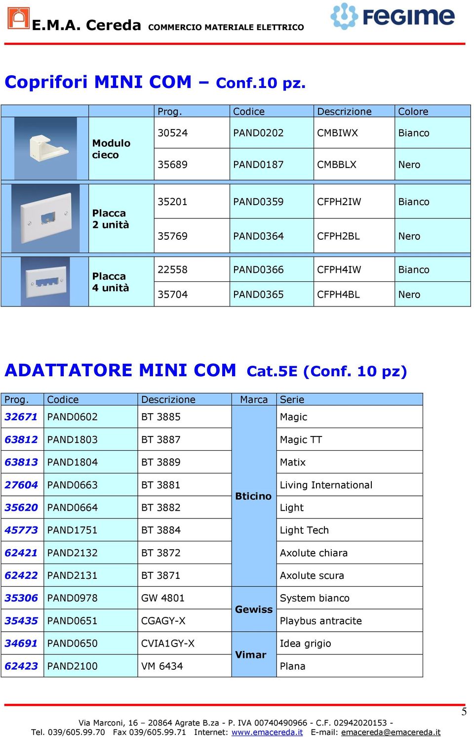 CFPH4IW Bianco 35704 PAND0365 CFPH4BL Nero ADATTATORE MINI COM Cat.5E (Conf. 10 pz) Prog.