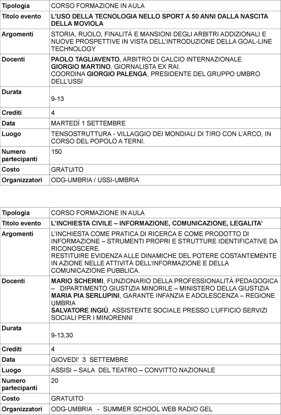 COORDINA GIORGIO PALENGA, PRESIDENTE DEL GRUPPO UMBRO DELL USSI 9-13 MARTEDÌ 1 SETTEMBRE TENSOSTRUTTURA - VILLAGGIO DEI MONDIALI DI TIRO CON L ARCO, IN CORSO DEL POPOLO A TERNI.