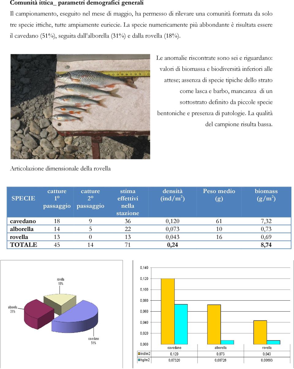 Le anomalie riscontrate sono sei e riguardano: valori di biomassa e biodiversità inferiori alle attese; assenza di specie tipiche dello strato come lasca e barbo, mancanza di un sottostrato definito