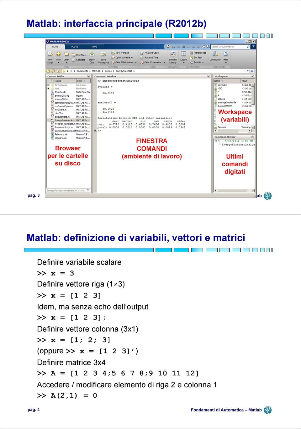 3 Matlab: definizione di variabili, vettori e matrici Definire variabile scalare >> x = 3 Definire vettore riga (1 3) >> x = [1 2 3]