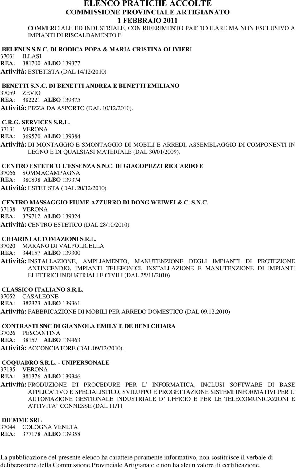 &5*6(59,&(665/ 37131 VERONA 5($ 369570 $/%2 139384 $WWLYLWj DI MONTAGGIO E SMONTAGGIO DI MOBILI E ARREDI, ASSEMBLAGGIO DI COMPONENTI IN LEGNO E DI QUALSIASI MATERIALE (DAL 30/01/2009).