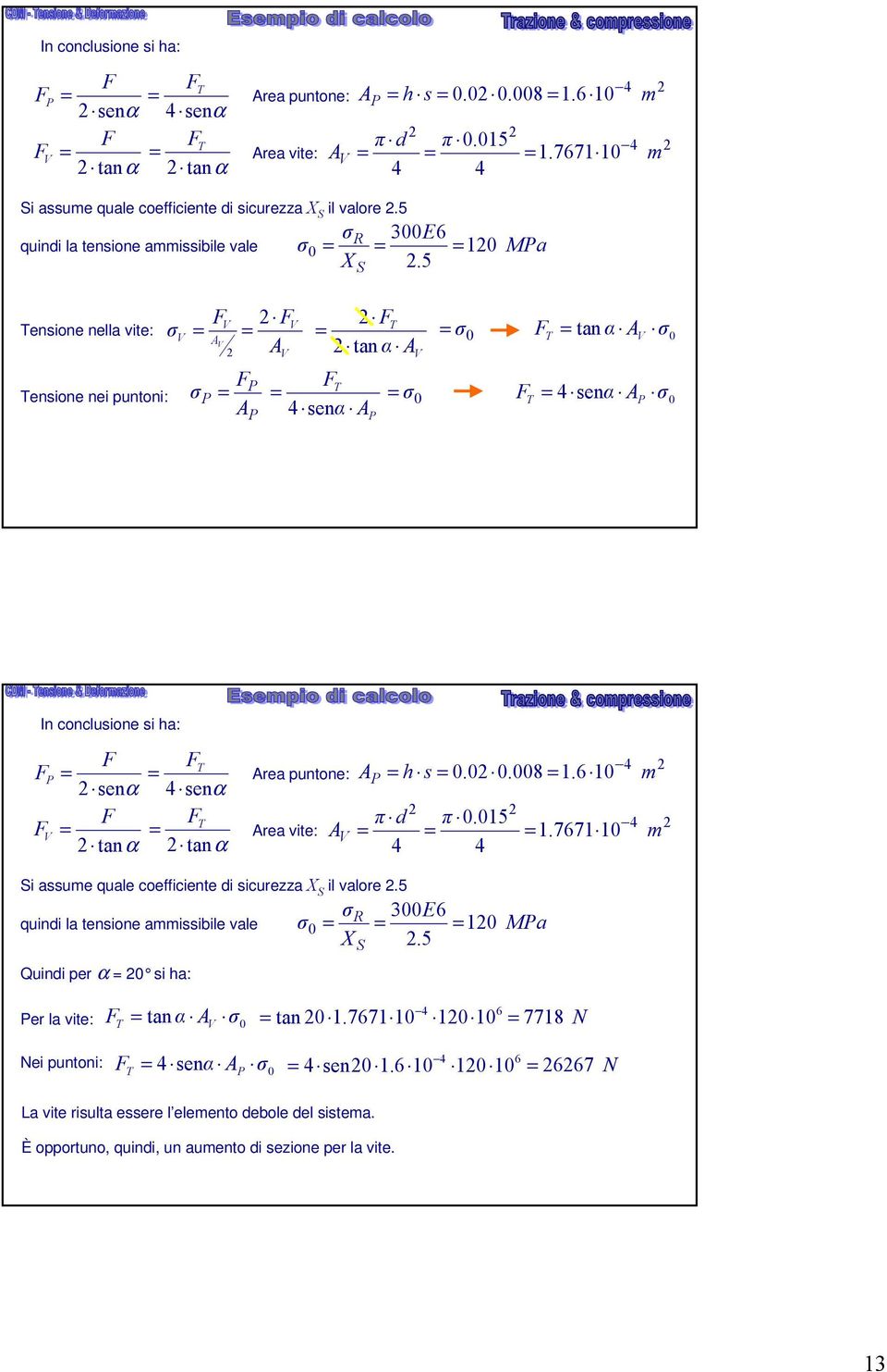 5 0 S MPa Tensione nella vite: Tensione nei puntoni: V V V P P P V V T tan α T 4 senα P V 0 0 T T tan α V 0 4 senα P 0 5 quindi la tensione ammissibile vale Quindi per α 0 si ha: R 00E6 0 X.