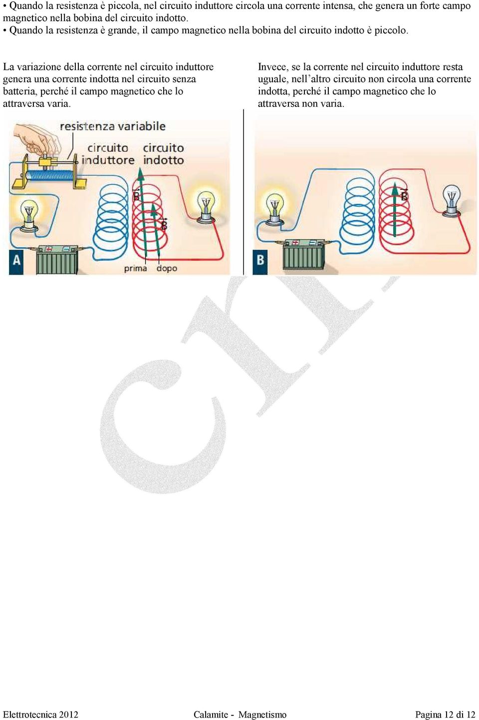 La variazione della corrente nel circuito induttore genera una corrente indotta nel circuito senza batteria, perché il campo magnetico che lo attraversa varia.