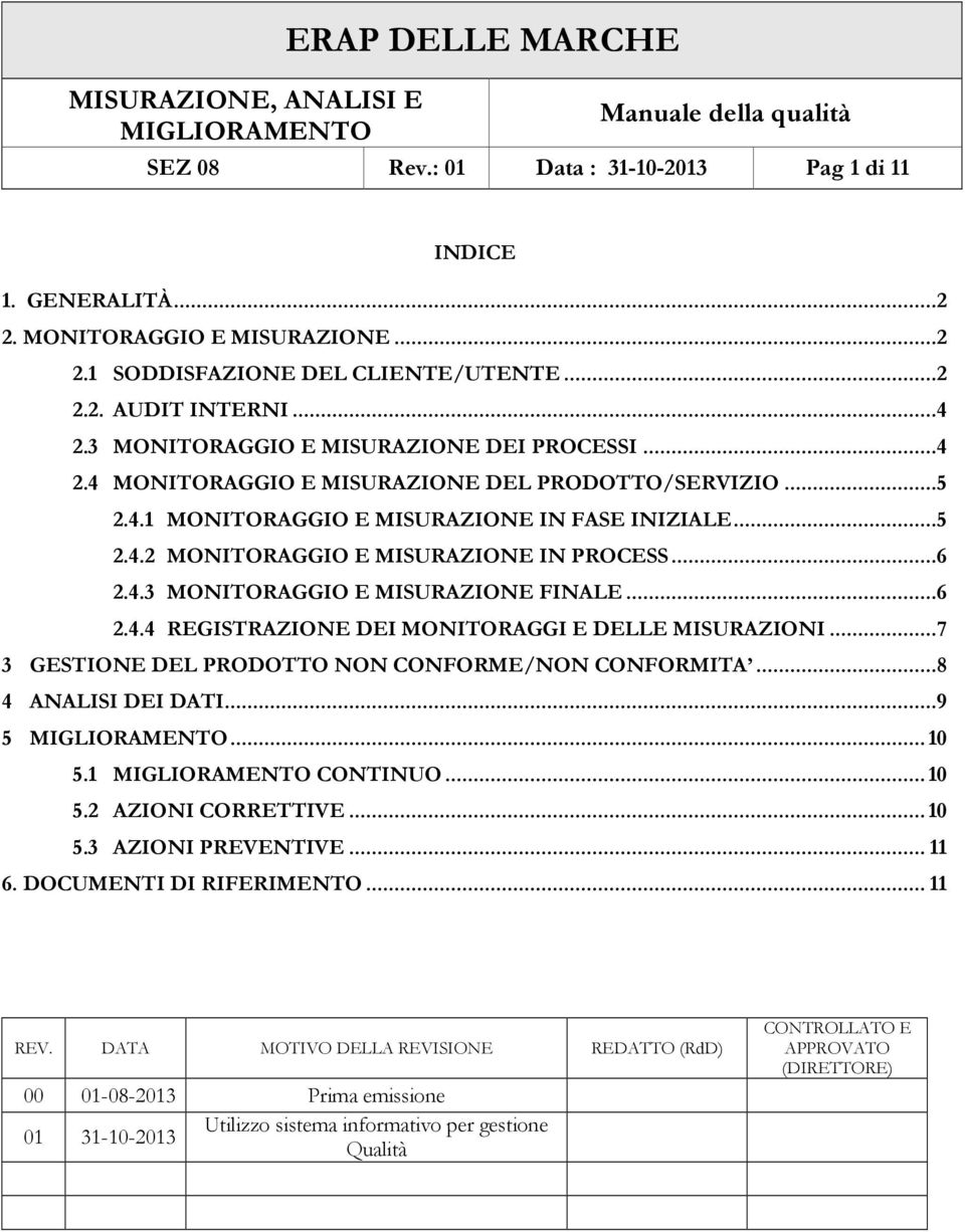 .. 6 2.4.3 MONITORAGGIO E MISURAZIONE FINALE... 6 2.4.4 REGISTRAZIONE DEI MONITORAGGI E DELLE MISURAZIONI... 7 3 GESTIONE DEL PRODOTTO NON CONFORME/NON CONFORMITA... 8 4 ANALISI DEI DATI... 9 5... 10 5.