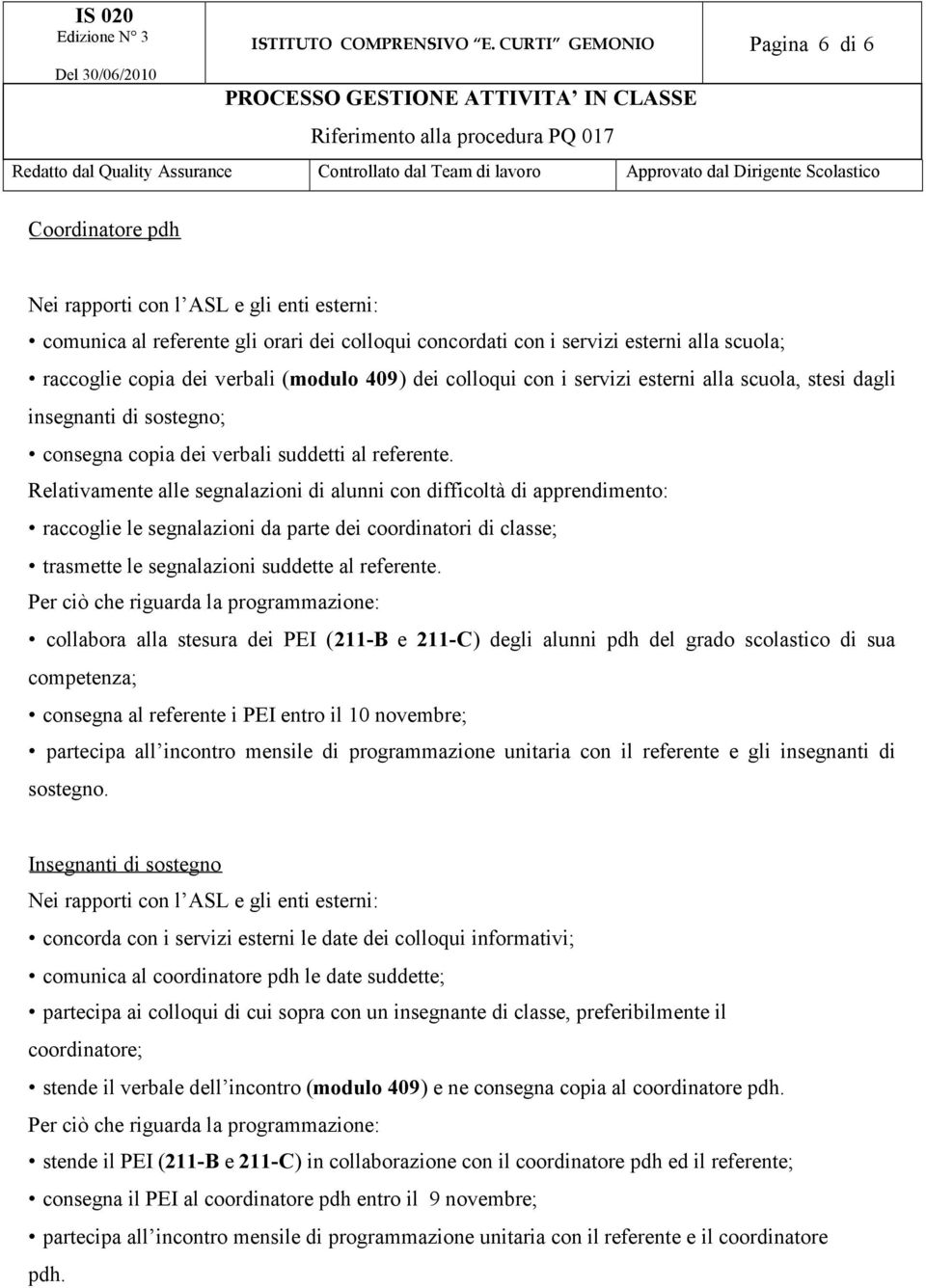 verbali (modulo 409) dei colloqui con i servizi esterni alla scuola, stesi dagli insegnanti di sostegno; consegna copia dei verbali suddetti al referente.