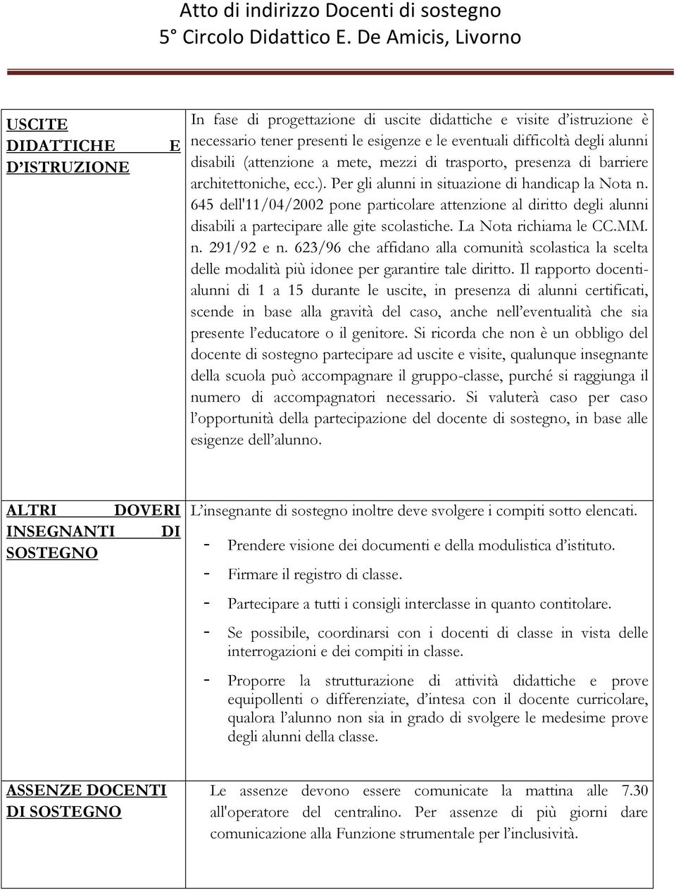 645 dell'11/04/2002 pone particolare attenzione al diritto degli alunni disabili a partecipare alle gite scolastiche. La Nota richiama le CC.MM. n. 291/92 e n.