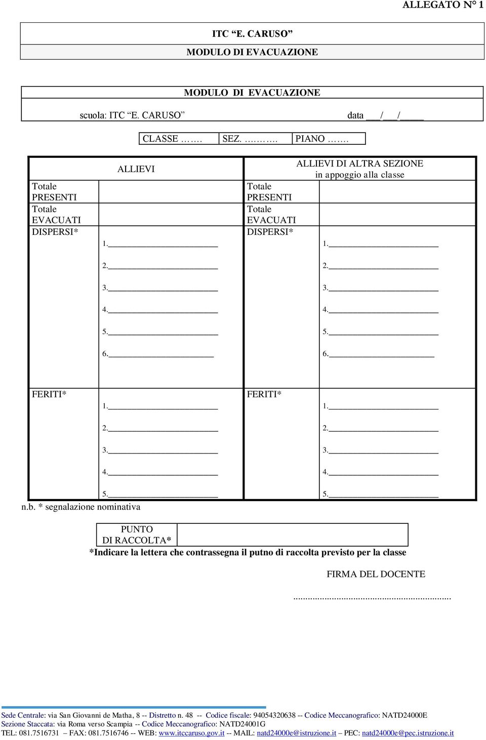 Totale PRESENTI Totale EVACUATI DISPERSI* ALLIEVI DI ALTRA SEZIONE in appoggio alla classe 1. 2. 3. 4. 5. 6.