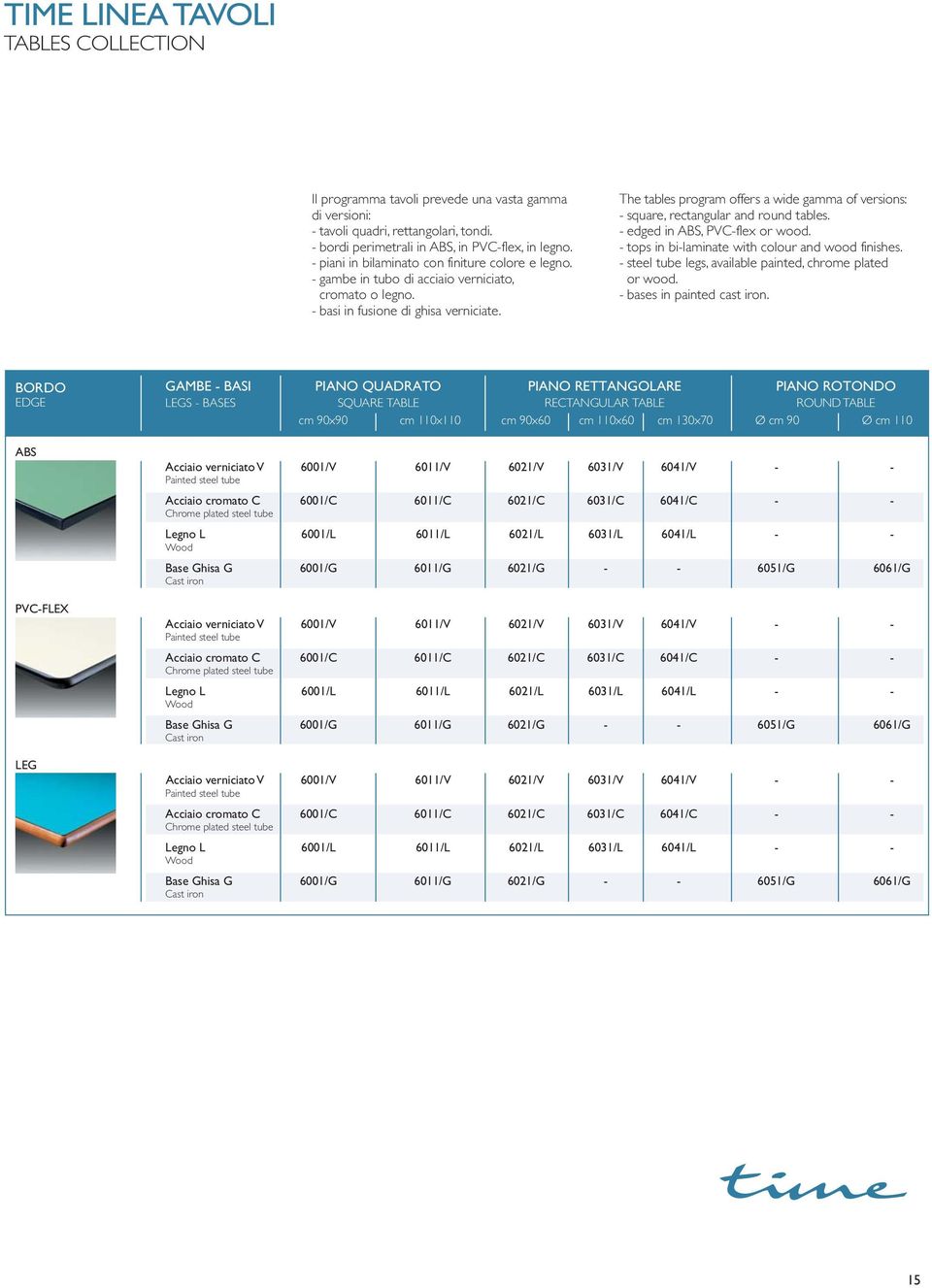 The tables program offers a wide gamma of versions: - square, rectangular and round tables. - edged in ABS, PVC-flex or wood. - tops in bi-laminate with colour and wood finishes.