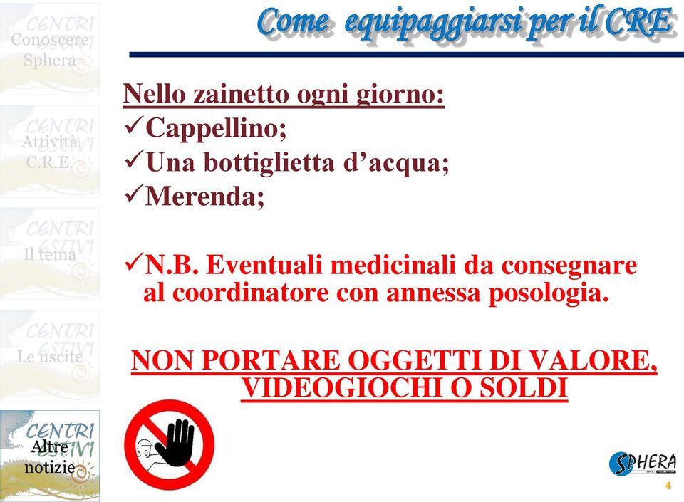 Eventuali medicinali da consegnare al coordinatore con