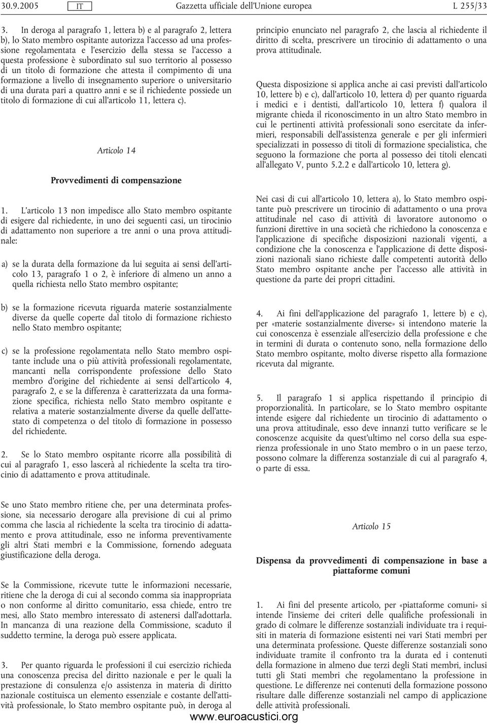 professione è subordinato sul suo territorio al possesso di un titolo di formazione che attesta il compimento di una formazione a livello di insegnamento superiore o universitario di una durata pari