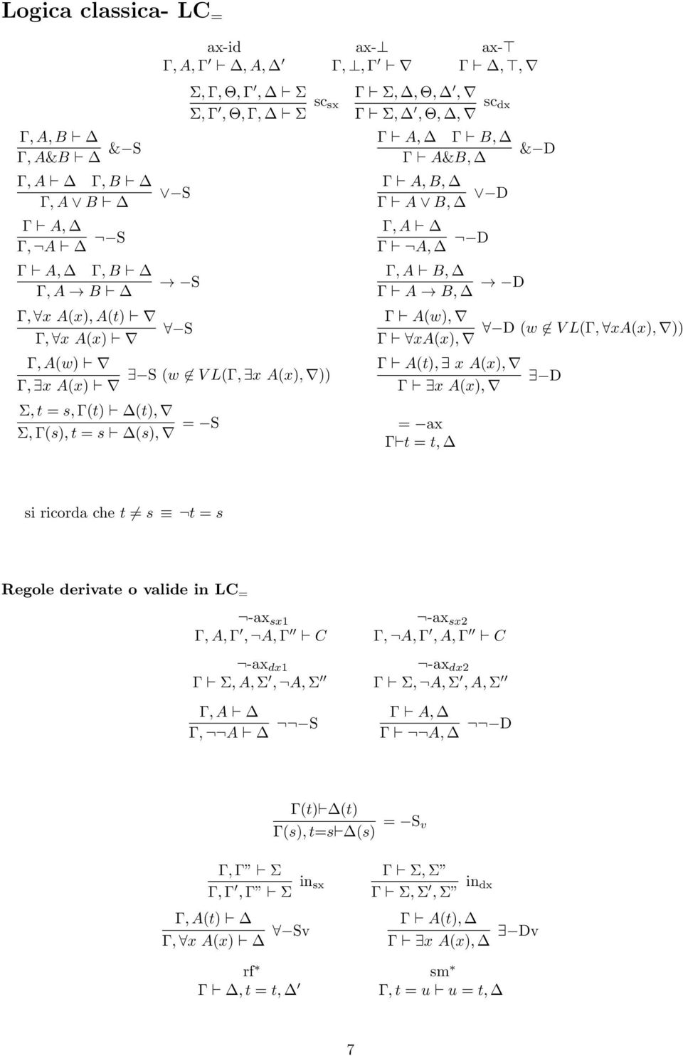 Γ(s), t = s (s), = S = ax Γ t = t, & D D (w V L(Γ, xa(x), )) D si ricorda che t s t = s Regole derivate o valide in LC = -ax sx1 Γ, A, Γ, A, Γ C -ax sx2 Γ, A, Γ, A, Γ C -ax dx1 Γ Σ, A, Σ, A, Σ