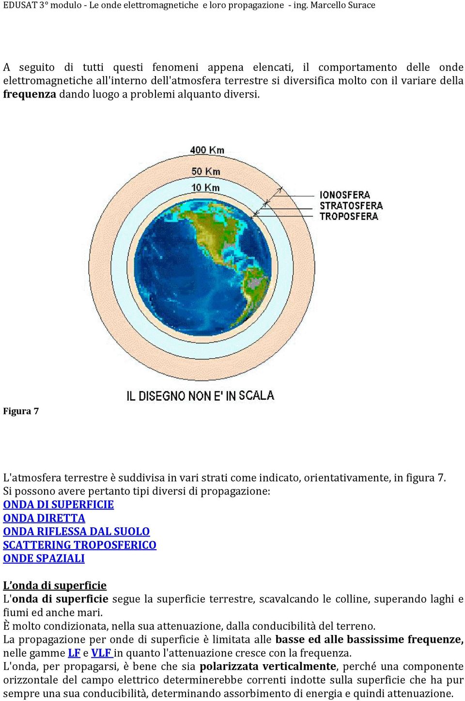 Si possono avere pertanto tipi diversi di propagazione: ONDA DI SUPERFICIE ONDA DIRETTA ONDA RIFLESSA DAL SUOLO SCATTERING TROPOSFERICO ONDE SPAZIALI L onda di superficie L'onda di superficie segue