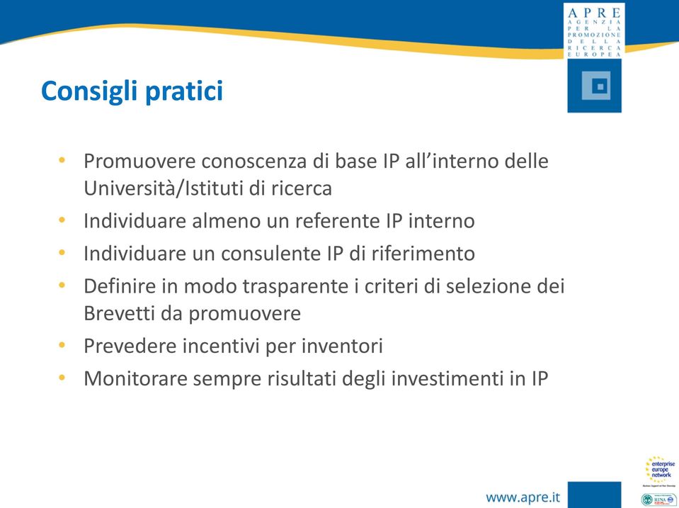 riferimento Definire in modo trasparente i criteri di selezione dei Brevetti da