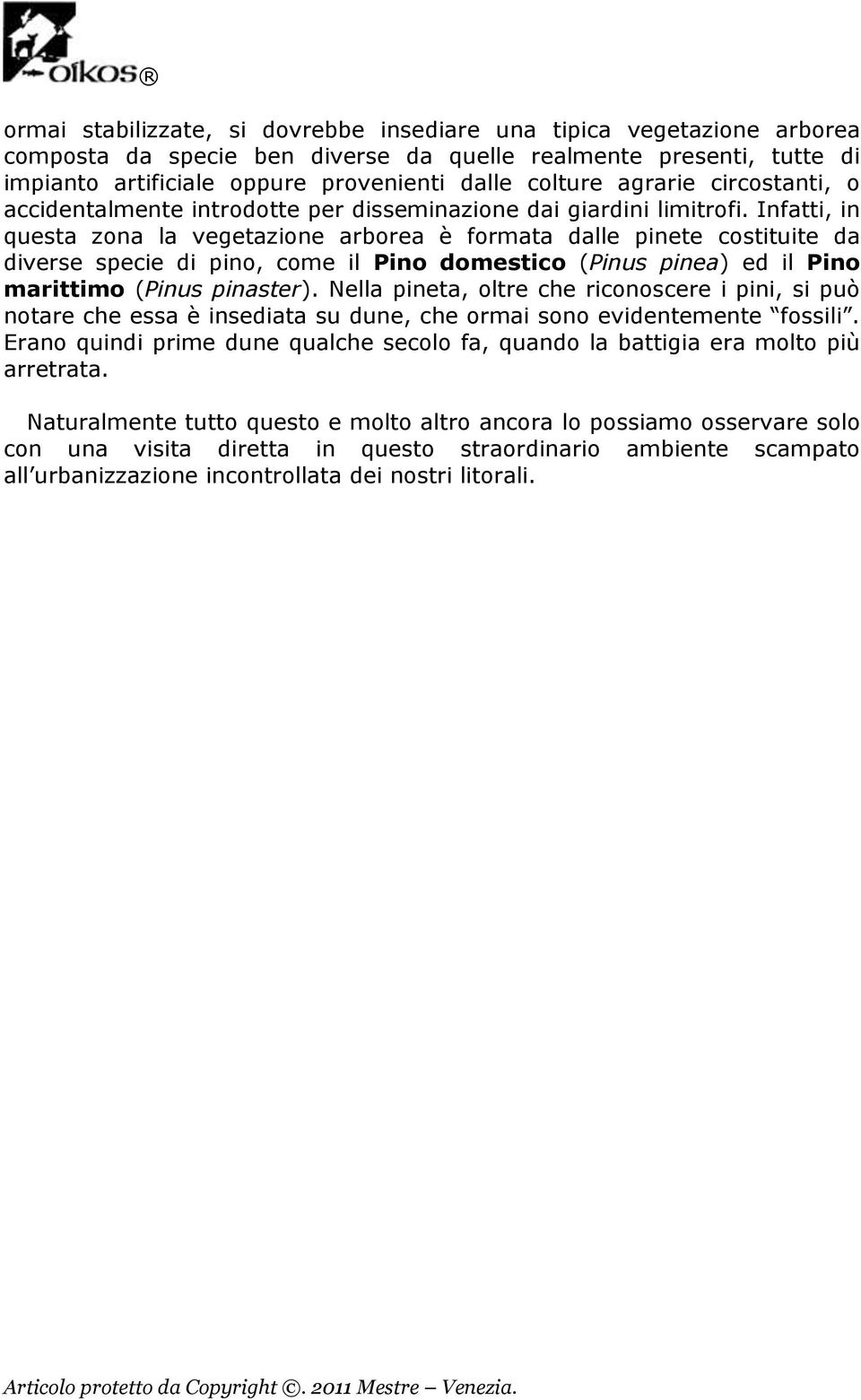 Infatti, in questa zona la vegetazione arborea è formata dalle pinete costituite da diverse specie di pino, come il Pino domestico (Pinus pinea) ed il Pino marittimo (Pinus pinaster).