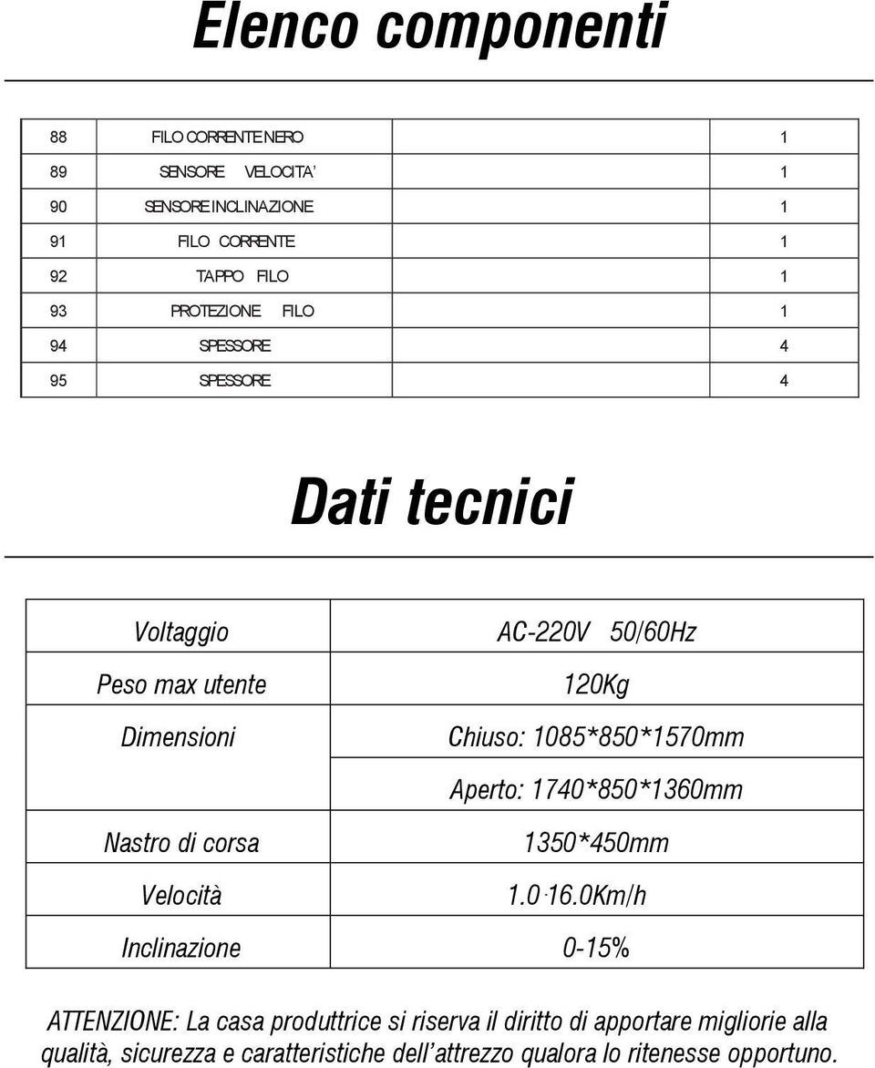 1085*850*1570mm Aperto: 1740*850*1360mm Nastro di corsa Velocità 1350*450mm 1.0-16.