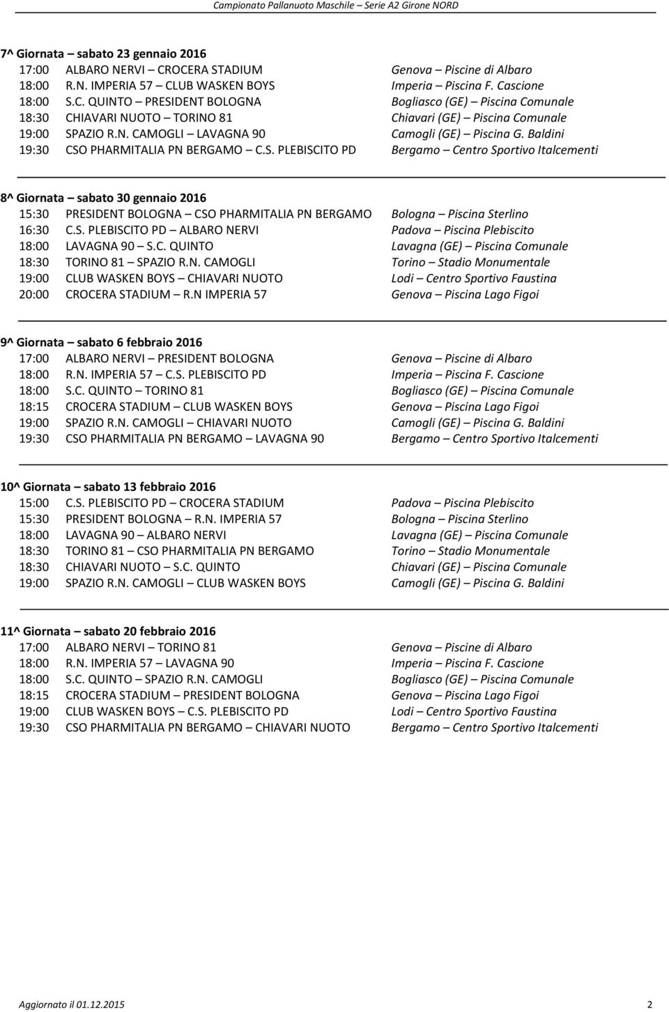 Baldini 19:30 CSO PHARMITALIA PN BERGAMO C.S. PLEBISCITO PD Bergamo Centro Sportivo Italcementi 8^ Giornata sabato 30 gennaio 2016 15:30 PRESIDENT BOLOGNA CSO PHARMITALIA PN BERGAMO Bologna Piscina Sterlino 16:30 C.