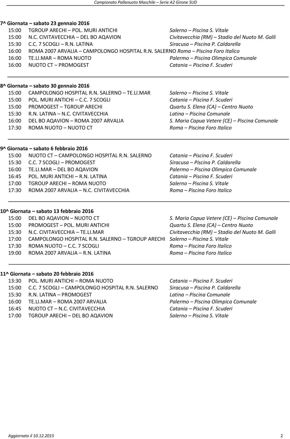 Scuderi 8^ Giornata sabato 30 gennaio 2016 15:00 CAMPOLONGO HOSPITAL R.N. SALERNO TE.LI.MAR Salerno Piscina S. Vitale 15:00 POL. MURI ANTICHI C.C. 7 SCOGLI Catania Piscina F.