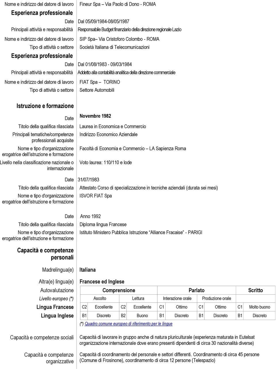 Principali attività e respnsabilità Addett alla cntabilità analitica della direzine cmmerciale Nme e indirizz del datre di lavr Tip di attività settre FIAT Spa TORINO Settre Autmbili Istruzine e