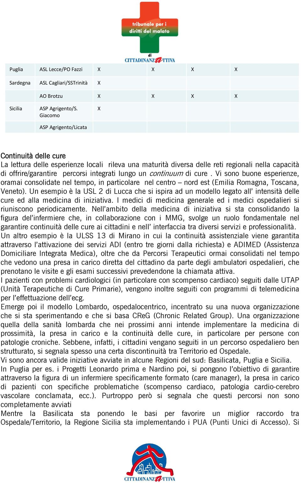 continuum di cure. Vi sono buone esperienze, oramai consolidate nel tempo, in particolare nel centro nord est (Emilia Romagna, Toscana, Veneto).