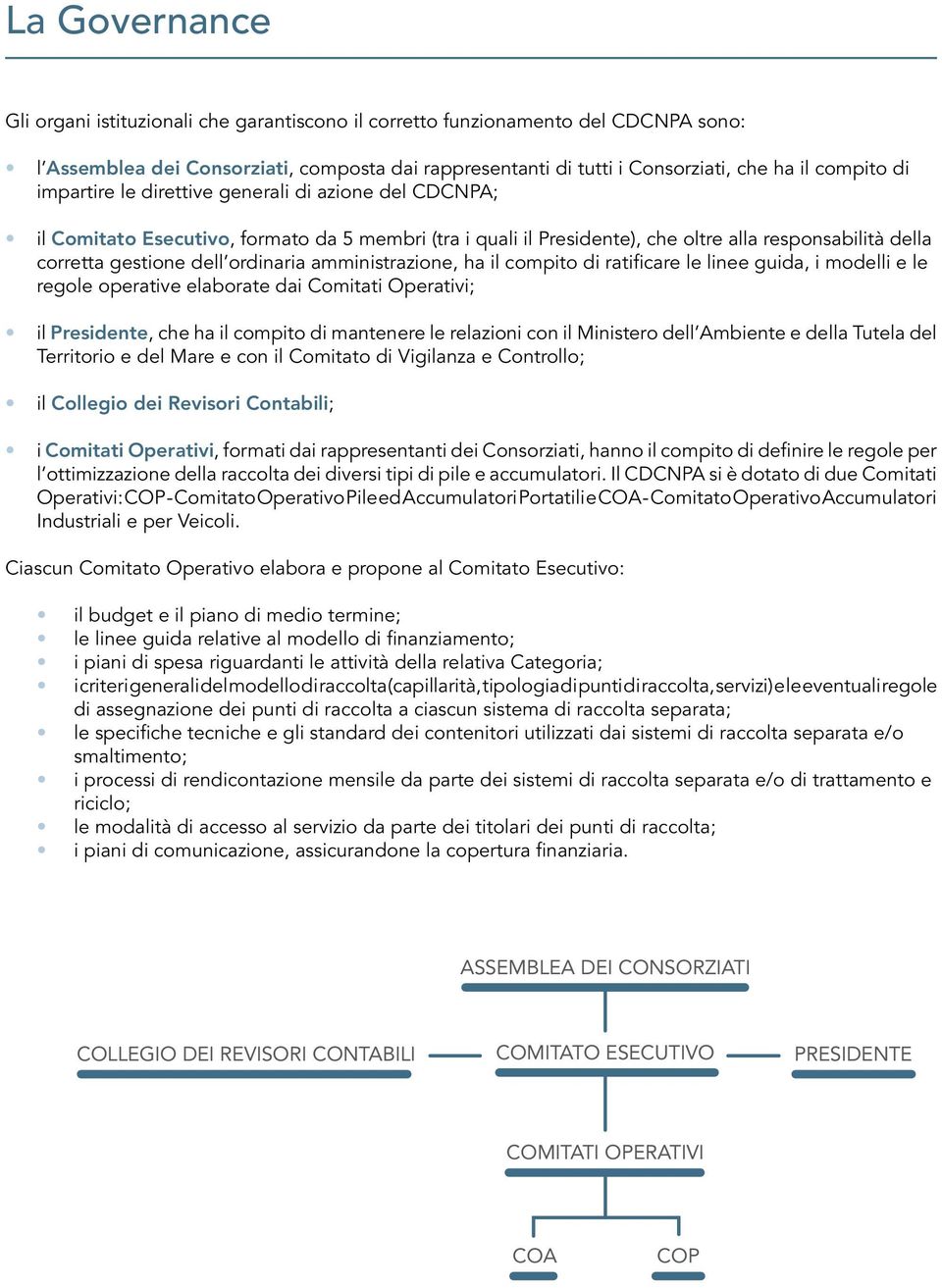 amministrazione, ha il compito di ratificare le linee guida, i modelli e le regole operative elaborate dai Comitati Operativi; il Presidente, che ha il compito di mantenere le relazioni con il