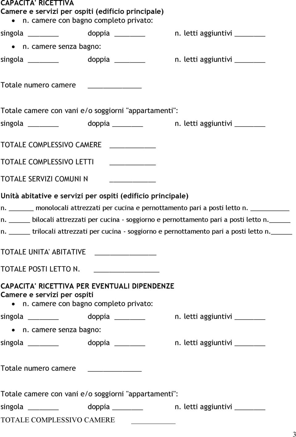 ospiti (edificio principale) n. monolocali attrezzati per cucina e pernottamento pari a posti letto n. n. bilocali attrezzati per cucina - soggiorno e pernottamento pari a posti letto n. n. trilocali attrezzati per cucina - soggiorno e pernottamento pari a posti letto n.