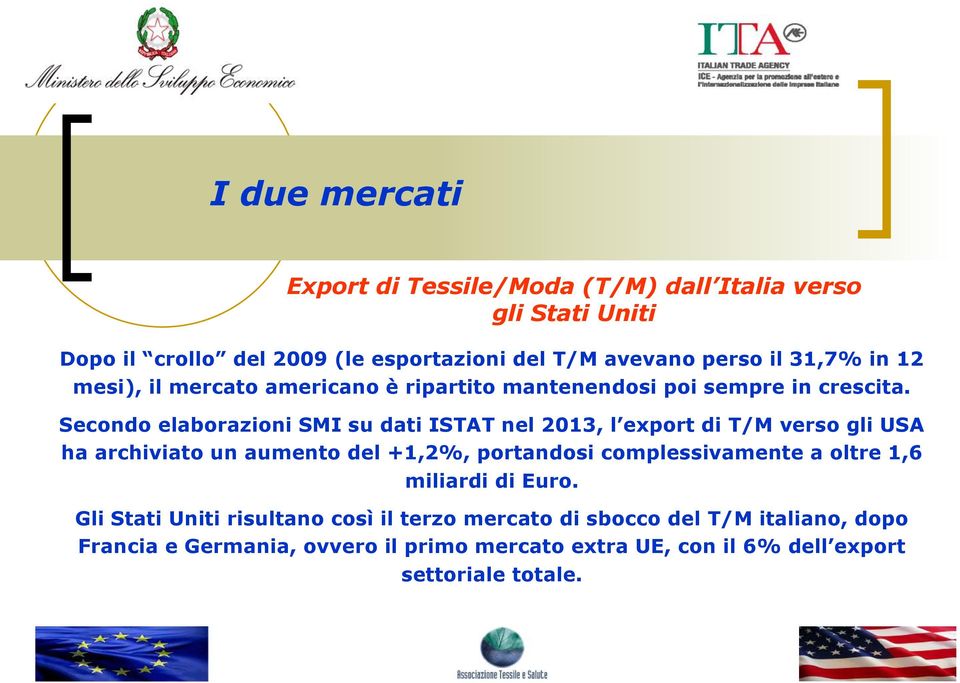 Secondo elaborazioni SMI su dati ISTAT nel 2013, l export di T/M verso gli USA ha archiviato un aumento del +1,2%, portandosi complessivamente a