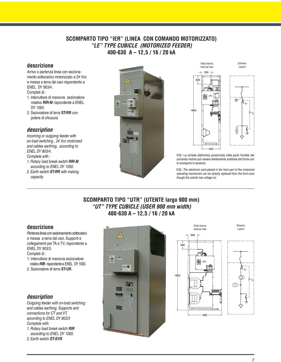 Sezionatore di terra ST-RR con potere di chiusura Vista interna Internal view Schema Layout description Incoming or outgoing feeder with on-load switching, 24 Vcc motorized and cables earthing,