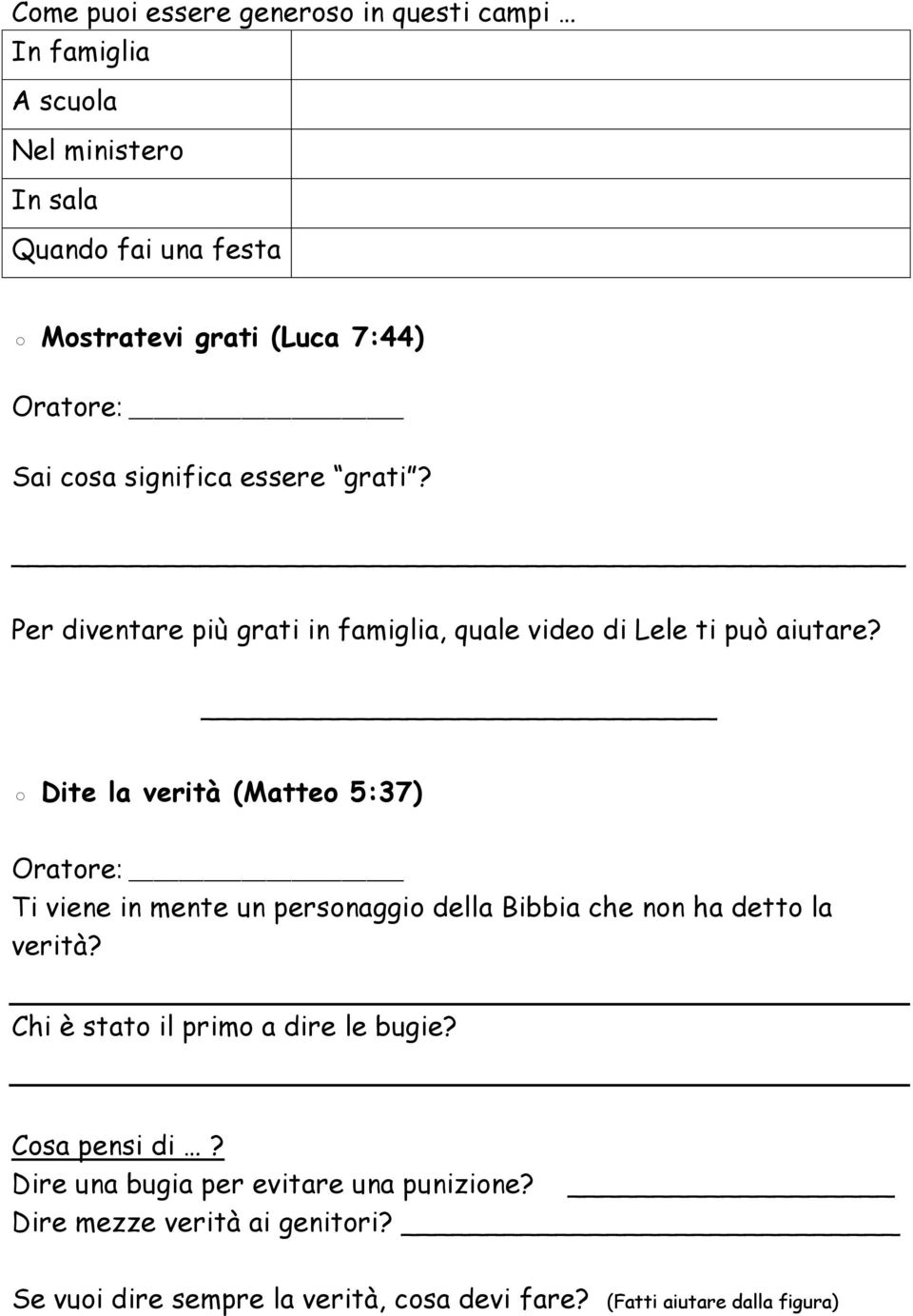 Dite la verità (Matteo 5:37) Oratore: Ti viene in mente un personaggio della Bibbia che non ha detto la verità?